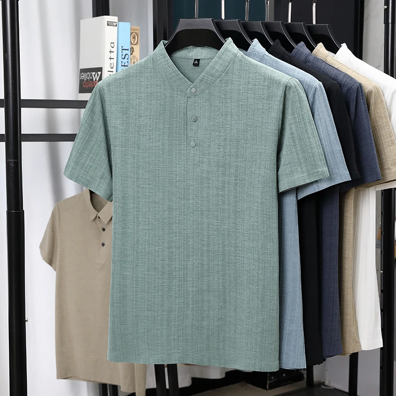 Mens Mandarin Collar Half Plac - Linen Shirt Summer recension och pris