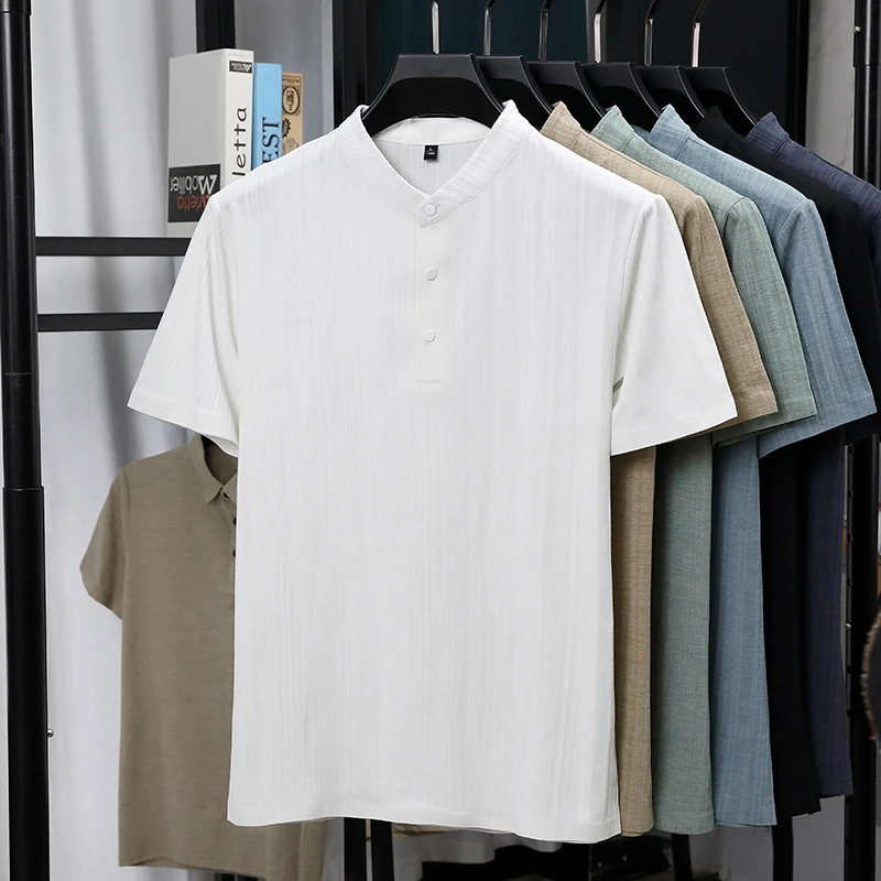 Mens Mandarin Collar Half Plac - Linen Shirt Summer recension och pris