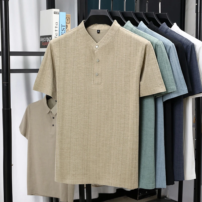Mens Mandarin Collar Half Plac - Linen Shirt Summer recension och pris