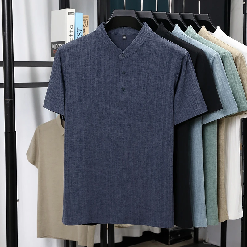 Mens Mandarin Collar Half Plac - Linen Shirt Summer recension och pris