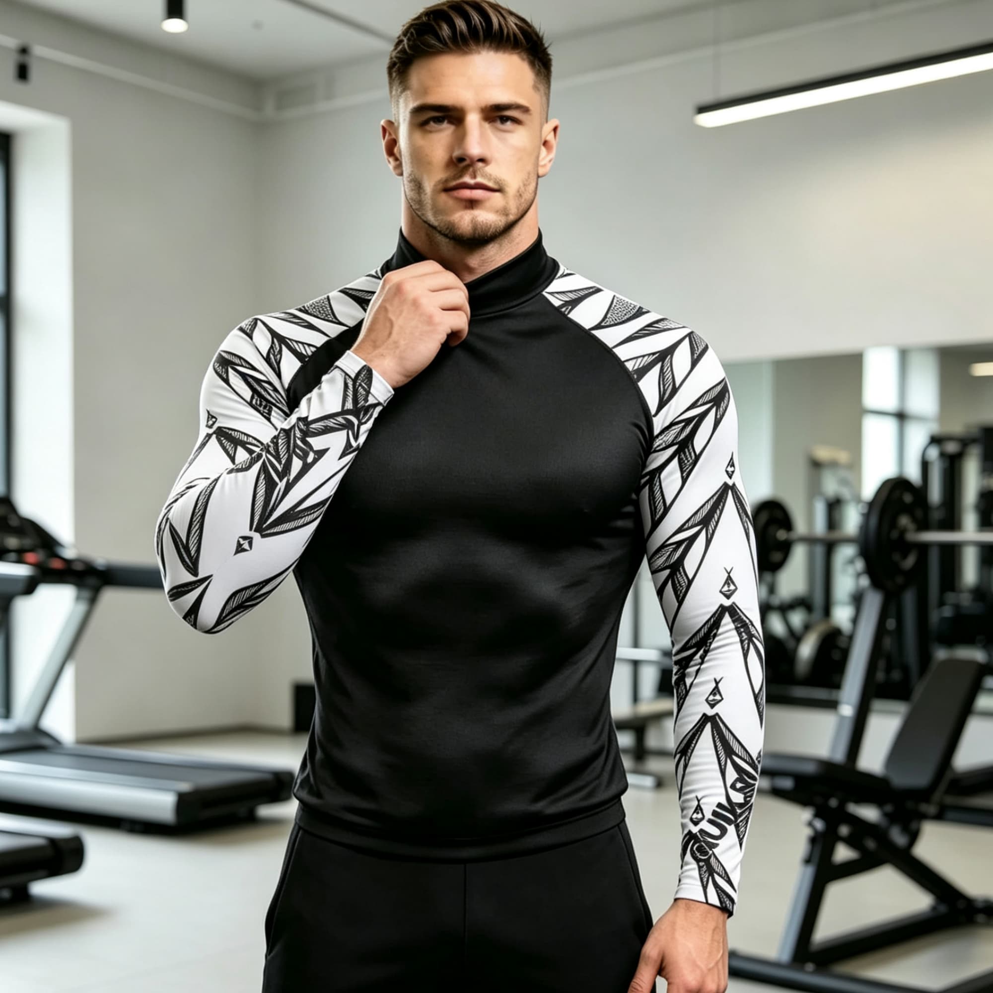 Geometric Print Spliced Mock N - Compression Shirt Workout recension och pris