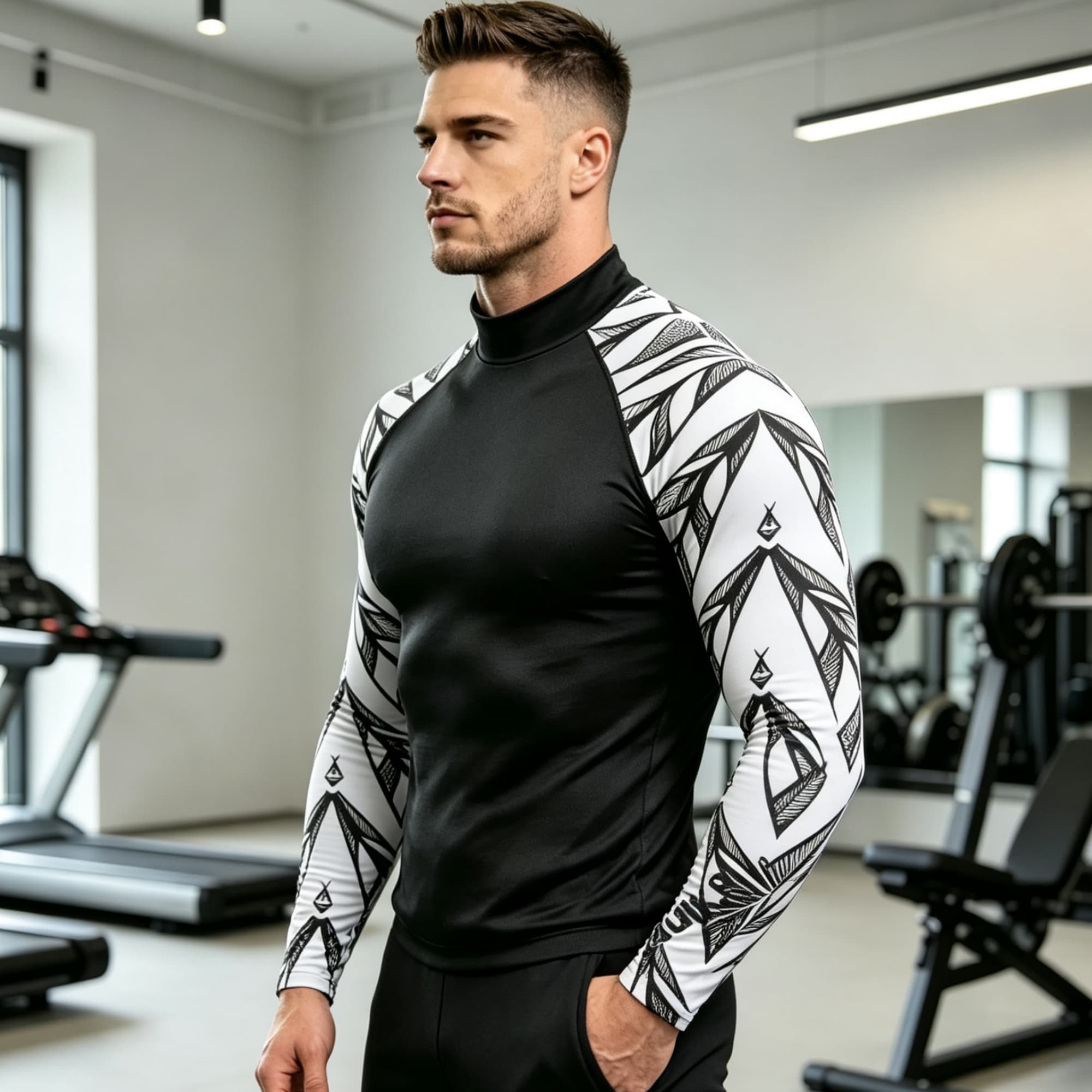 Geometric Print Spliced Mock N - Compression Shirt Workout recension och pris