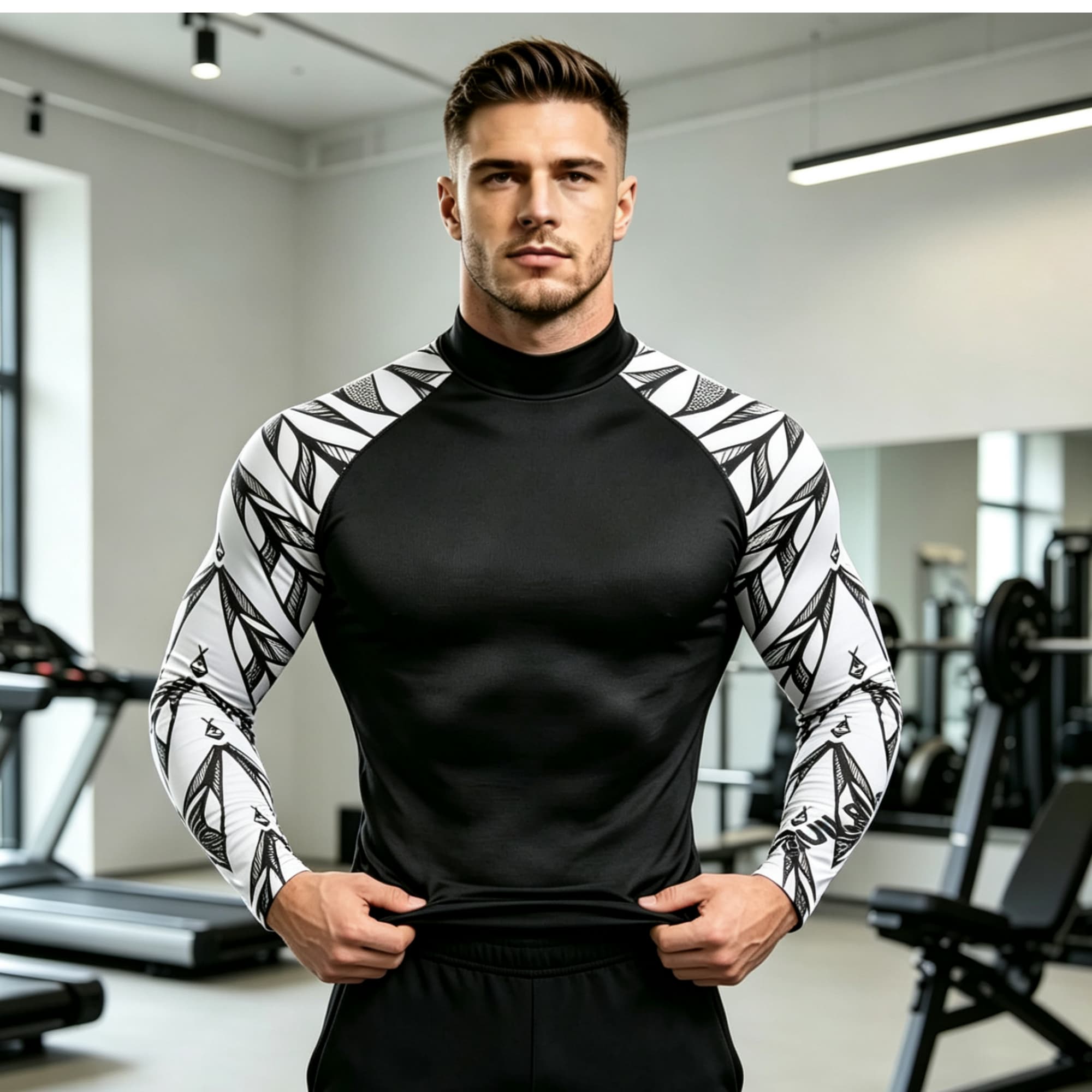 Geometric Print Spliced Mock N - Compression Shirt Workout recension och pris