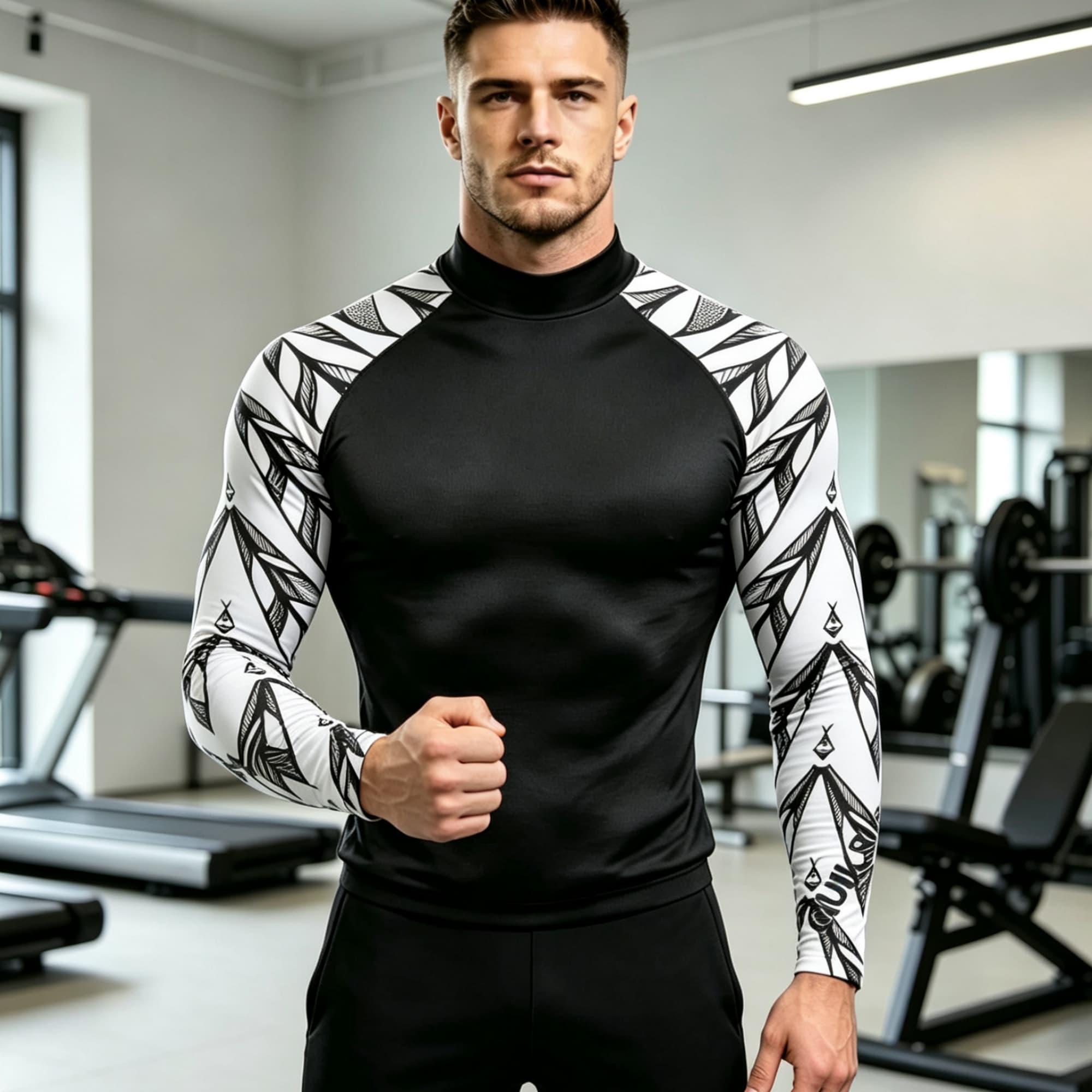 Geometric Print Spliced Mock N - Compression Shirt Workout recension och pris