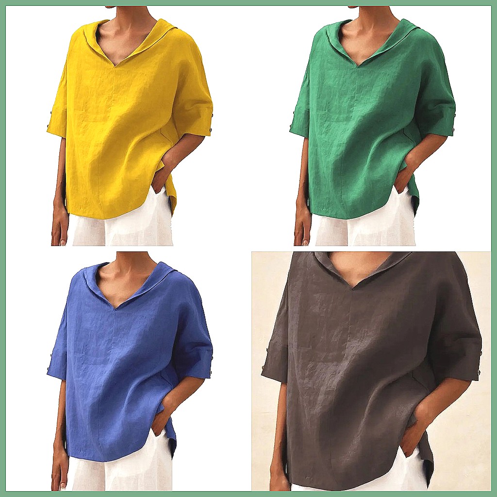Women's Loose V-Neck Cotton Li - Linen Shirt Summer recension och pris