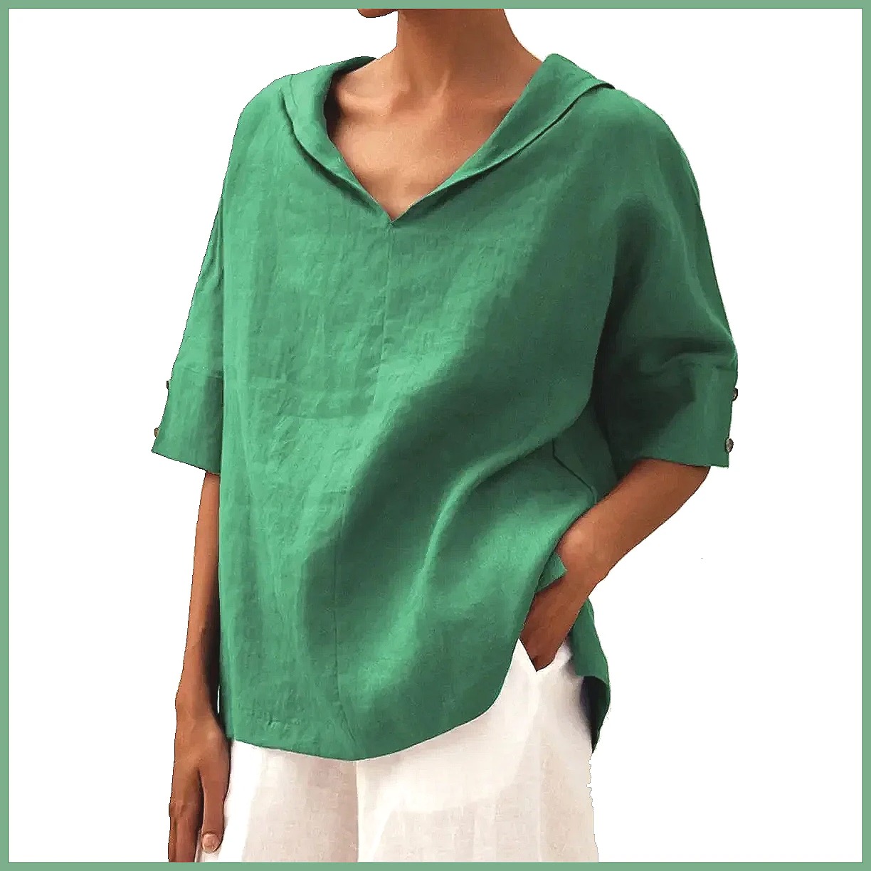 Women's Loose V-Neck Cotton Li - Linen Shirt Summer recension och pris